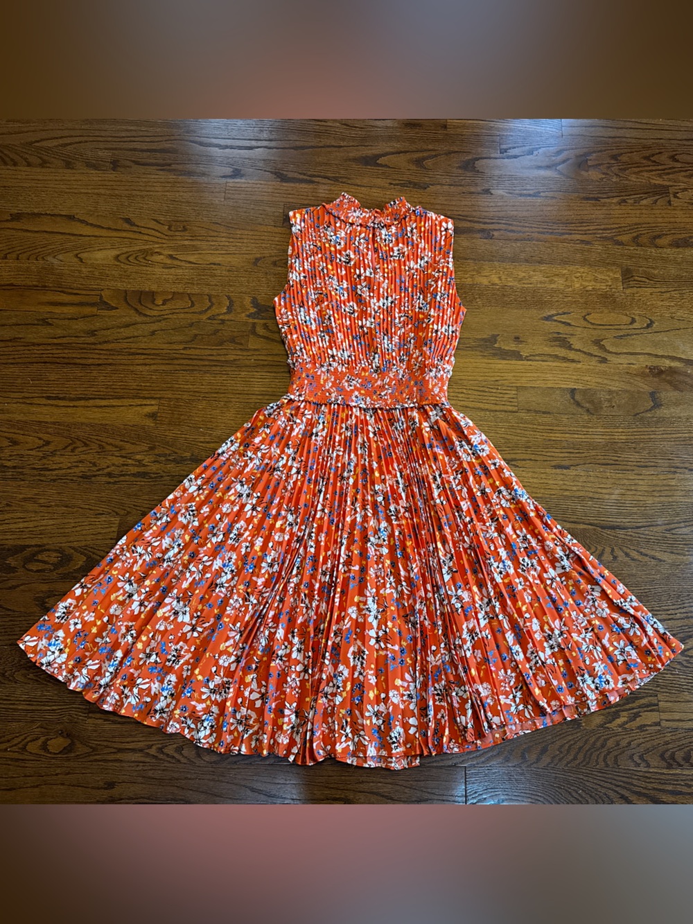 Nanette Lepore Orange Floral A-Line High Neck Pleated Smocked Lined Dress 10 - Picture 3 of 11